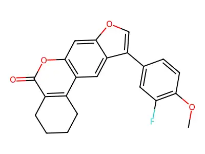 10-(3-fluoro-4-methoxyphenyl)-1,2,3,4-tetrahydro-5H-benzo[c]furo[3,2-g]chromen-5-one structure