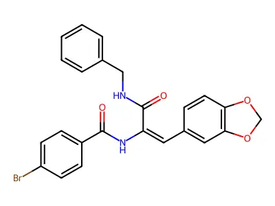 N-[(E)-1-(1,3-benzodioxol-5-yl)-3-(benzylamino)-3-oxoprop-1-en-2-yl]-4-bromobenzamide structure
