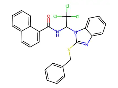 N-{1-[2-(benzylsulfanyl)-1H-benzimidazol-1-yl]-2,2,2-trichloroethyl}naphthalene-1-carboxamide structure