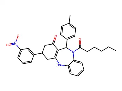 10-hexanoyl-3-{3-nitrophenyl}-11-(4-methylphenyl)-2,3,4,5,10,11-hexahydro-1H-dibenzo[b,e][1,4]diazepin-1-one structure