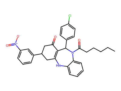 11-(4-chlorophenyl)-10-hexanoyl-3-{3-nitrophenyl}-2,3,4,5,10,11-hexahydro-1H-dibenzo[b,e][1,4]diazepin-1-one structure