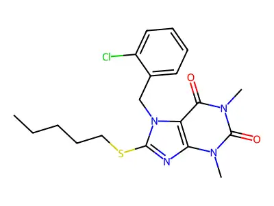 7-[(2-Chlorophenyl)methyl]-1,3-dimethyl-8-pentylsulfanylpurine-2,6-dione structure