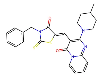 3-[(Z)-(3-benzyl-4-oxo-2-thioxo-1,3-thiazolidin-5-ylidene)methyl]-2-(4-methylpiperidin-1-yl)-4H-pyrido[1,2-a]pyrimidin-4-one structure