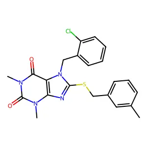 7-[(2-chlorophenyl)methyl]-1,3-dimethyl-8-[(3-methylphenyl)methylsulfanyl]purine-2,6-dione structure