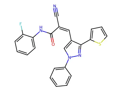 (Z)-2-cyano-N-(2-fluorophenyl)-3-(1-phenyl-3-thiophen-2-ylpyrazol-4-yl)prop-2-enamide structure