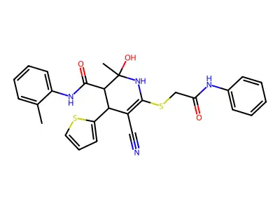 5-cyano-2-hydroxy-2-methyl-6-((2-oxo-2-(phenylamino)ethyl)thio)-4-(thiophen-2-yl)-N-(o-tolyl)-1,2,3,4-tetrahydropyridine-3-carboxamide structure