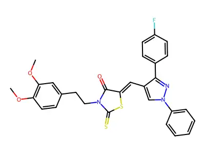 3-[2-(3,4-Dimethoxyphenyl)ethyl]-5-{[3-(4-fluorophenyl)-1-phenyl-1H-pyrazol-4-yl)-methylidene}-2-sulfanylidene-1,3-thiazolidin-4-one structure