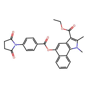 ethyl 5-((4-(2,5-dioxopyrrolidin-1-yl)benzoyl)oxy)-1,2-dimethyl-1H-benzo[g]indole-3-carboxylate structure