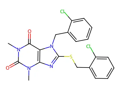 7-(2-chlorobenzyl)-8-[(2-chlorobenzyl)sulfanyl]-1,3-dimethyl-3,7-dihydro-1H-purine-2,6-dione structure