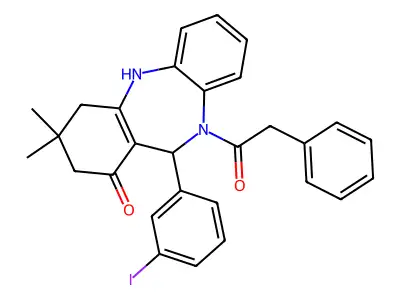 11-(3-iodophenyl)-3,3-dimethyl-10-(phenylacetyl)-2,3,4,5,10,11-hexahydro-1H-dibenzo[b,e][1,4]diazepin-1-one structure