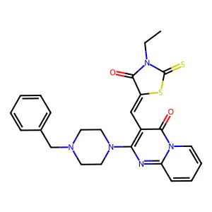 2-(4-benzyl-1-piperazinyl)-3-[(Z)-(3-ethyl-4-oxo-2-thioxo-1,3-thiazolidin-5-ylidene)methyl]-4H-pyrido[1,2-a]pyrimidin-4-one structure