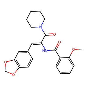 N-[(E)-1-(1,3-benzodioxol-5-yl)-3-oxo-3-piperidin-1-ylprop-1-en-2-yl]-2-methoxybenzamide structure