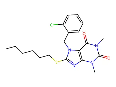 7-[(2-chlorophenyl)methyl]-8-(hexylsulfanyl)-1,3-dimethyl-2,3,6,7-tetrahydro-1H-purine-2,6-dione structure
