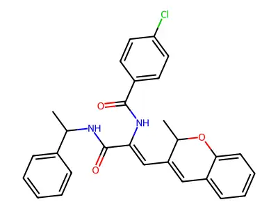 (Z)-4-chloro-N-(1-(2-methyl-2H-chromen-3-yl)-3-oxo-3-((1-phenylethyl)amino)prop-1-en-2-yl)benzamide structure