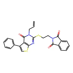 2-[2-(4-oxo-5-phenyl-3-prop-2-enylthieno[2,3-d]pyrimidin-2-yl)sulfanylethyl]isoindole-1,3-dione structure
