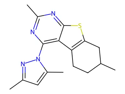 4-(3,5-dimethyl-1H-pyrazol-1-yl)-2,7-dimethyl-5,6,7,8-tetrahydro[1]benzothieno[2,3-d]pyrimidine structure