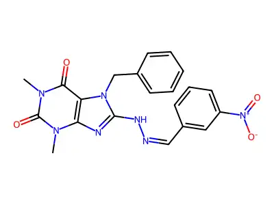 7-benzyl-1,3-dimethyl-8-[(2Z)-2-[(3-nitrophenyl)methylidene]hydrazinyl]purine-2,6-dione structure