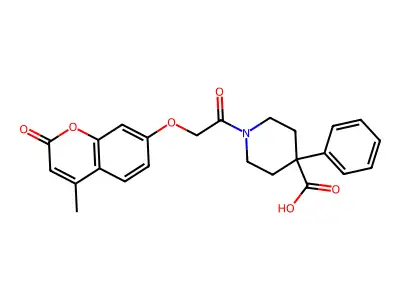 1-[2-[(4-methyl-2-oxo-1-benzopyran-7-yl)oxy]-1-oxoethyl]-4-phenyl-4-piperidinecarboxylic acid structure