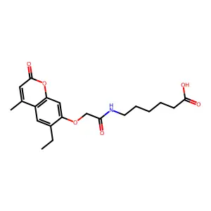 6-(2-((6-ethyl-4-methyl-2-oxo-2H-chromen-7-yl)oxy)acetamido)hexanoic acid structure
