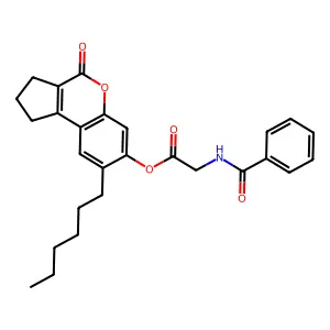8-Hexyl-4-oxo-1,2,3,4-tetrahydrocyclopenta[c]chromen-7-yl (benzoylamino)acetate structure
