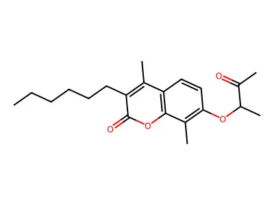 3-hexyl-4,8-dimethyl-7-((3-oxobutan-2-yl)oxy)-2H-chromen-2-one structure