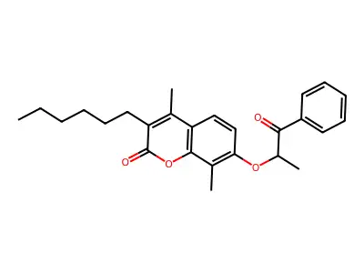 3-hexyl-4,8-dimethyl-7-(1-methyl-2-oxo-2-phenylethoxy)-2H-chromen-2-one structure