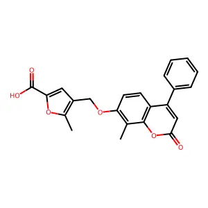 5-methyl-4-[(8-methyl-2-oxo-4-phenylchromen-7-yl)oxymethyl]furan-2-carboxylic acid structure