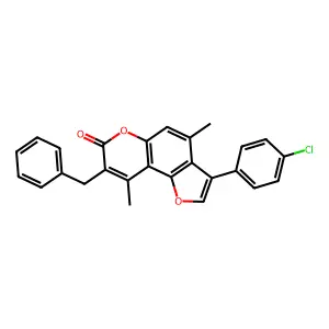 8-benzyl-3-(4-chlorophenyl)-4,9-dimethyl-7H-furo[2,3-f]chromen-7-one structure