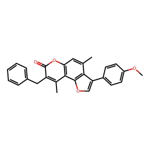 8-benzyl-3-(4-methoxyphenyl)-4,9-dimethyl-7H-furo[2,3-f]chromen-7-one structure