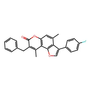 8-benzyl-3-(4-fluorophenyl)-4,9-dimethyl-7H-furo[2,3-f]chromen-7-one structure