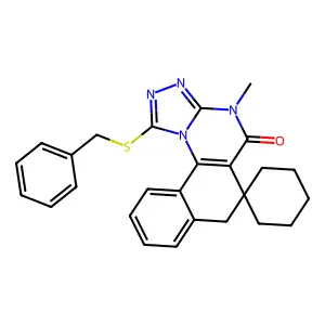 1-(benzylthio)-4-methyl-4H-spiro[benzo[h][1,2,4]triazolo[4,3-a]quinazoline-6,1'-cyclohexan]-5(7H)-one structure