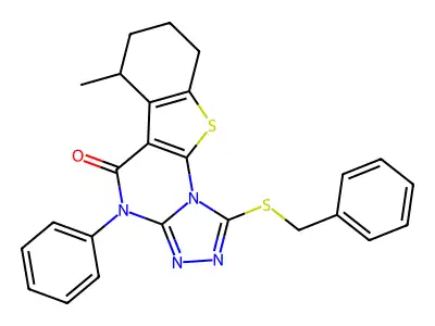 1-(benzylsulfanyl)-6-methyl-4-phenyl-6,7,8,9-tetrahydro[1]benzothieno[3,2-e][1,2,4]triazolo[4,3-a]pyrimidin-5(4H)-one structure