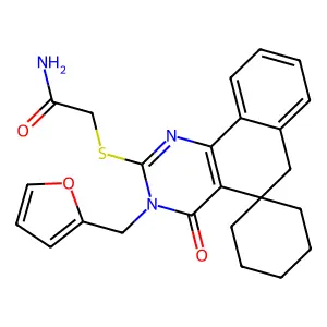 2-[3-(furan-2-ylmethyl)-4-oxospiro[6H-benzo[h]quinazoline-5,1'-cyclohexane]-2-yl]sulfanylacetamide structure