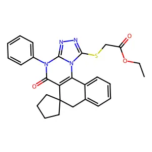 ethyl 2-((5-oxo-4-phenyl-5,7-dihydro-4H-spiro[benzo[h][1,2,4]triazolo[4,3-a]quinazoline-6,1'-cyclopentan]-1-yl)thio)acetate structure