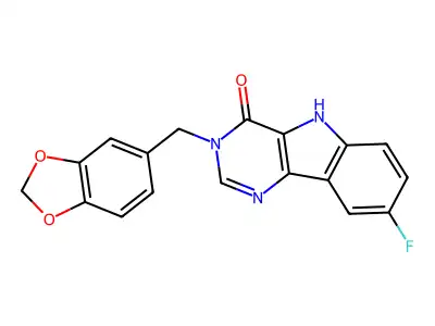 3-(1,3-benzodioxol-5-ylmethyl)-8-fluoro-3,5-dihydro-4H-pyrimido[5,4-b]indol-4-one structure