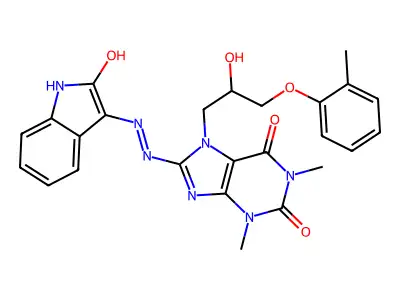 (Z)-7-(2-hydroxy-3-(o-tolyloxy)propyl)-1,3-dimethyl-8-(2-(2-oxoindolin-3-ylidene)hydrazinyl)-1H-purine-2,6(3H,7H)-dione structure
