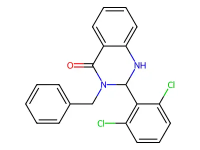 3-benzyl-2-(2,6-dichlorophenyl)-2,3-dihydroquinazolin-4(1H)-one structure