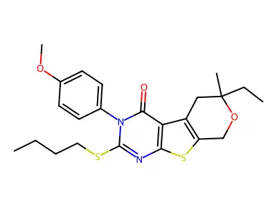 2-(butylsulfanyl)-6-ethyl-3-(4-methoxyphenyl)-6-methyl-3,5,6,8-tetrahydro-4H-pyrano[4',3':4,5]thieno[2,3-d]pyrimidin-4-one structure