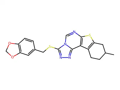 3-((benzo[d][1,3]dioxol-5-ylmethyl)thio)-9-methyl-8,9,10,11-tetrahydrobenzo[4,5]thieno[3,2-e][1,2,4]triazolo[4,3-c]pyrimidine structure