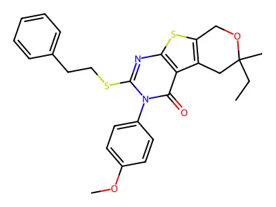 6-ethyl-3-(4-methoxyphenyl)-6-methyl-2-(2-phenylethylsulfanyl)-5,8-dihydropyrano[2,3]thieno[2,4-b]pyrimidin-4-one structure