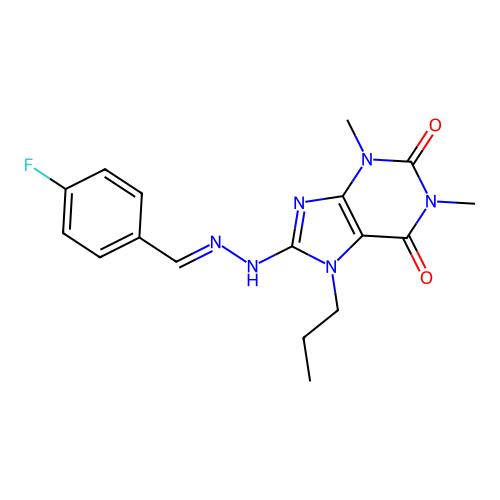 4-FLUOROBENZALDEHYDE (1,3-DIMETHYL-2,6-DIOXO-7-PROPYL-2,3,6,7-TETRAHYDRO-1H-PURIN-8-YL)HYDRAZONE structure