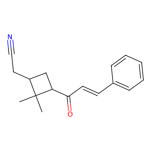 {2,2-dimethyl-3-[(2E)-3-phenylprop-2-enoyl]cyclobutyl}acetonitrile structure