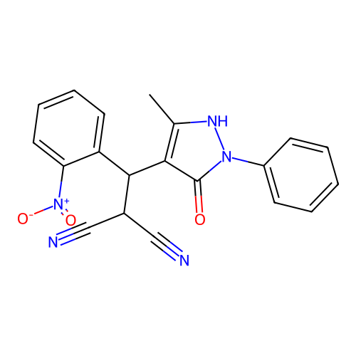 2-[(5-methyl-3-oxo-2-phenyl-1H-pyrazol-4-yl)-(2-nitrophenyl)methyl]propanedinitrile structure