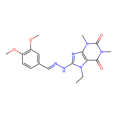 (E)-8-(2-(3,4-dimethoxybenzylidene)hydrazinyl)-7-ethyl-1,3-dimethyl-1H-purine-2,6(3H,7H)-dione structure