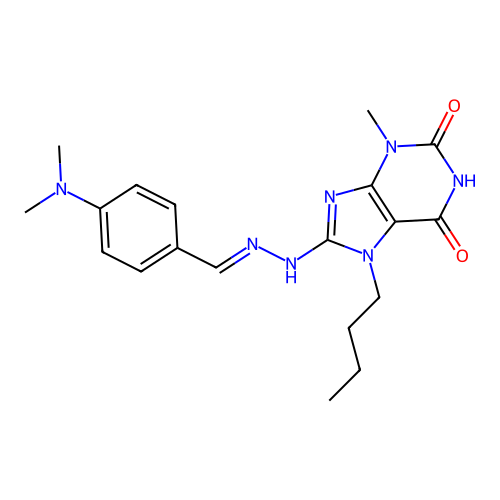 (E)-7-butyl-8-(2-(4-(dimethylamino)benzylidene)hydrazinyl)-3-methyl-1H-purine-2,6(3H,7H)-dione structure