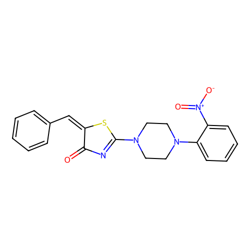 (E)-5-benzylidene-2-(4-(2-nitrophenyl)piperazin-1-yl)thiazol-4(5H)-one structure