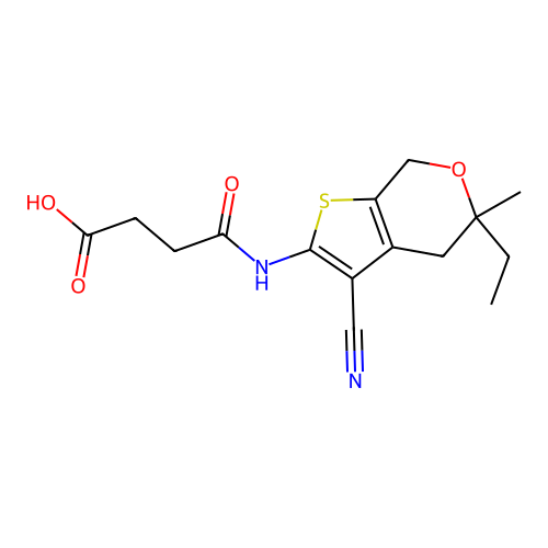 4-((3-cyano-5-ethyl-5-methyl-5,7-dihydro-4H-thieno[2,3-c]pyran-2-yl)amino)-4-oxobutanoic acid structure