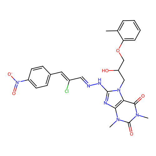 8-((E)-2-((Z)-2-chloro-3-(4-nitrophenyl)allylidene)hydrazinyl)-7-(2-hydroxy-3-(o-tolyloxy)propyl)-1,3-dimethyl-1H-purine-2,6(3H,7H)-dione structure