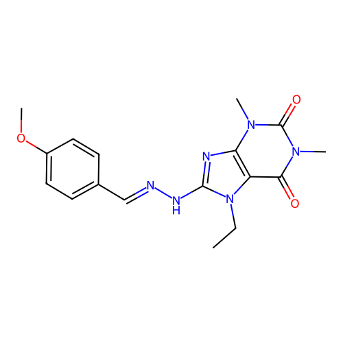 (E)-7-ethyl-8-(2-(4-methoxybenzylidene)hydrazinyl)-1,3-dimethyl-1H-purine-2,6(3H,7H)-dione structure