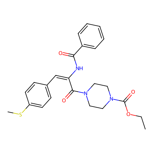 (E)-ethyl 4-(2-benzamido-3-(4-(methylthio)phenyl)acryloyl)piperazine-1-carboxylate structure